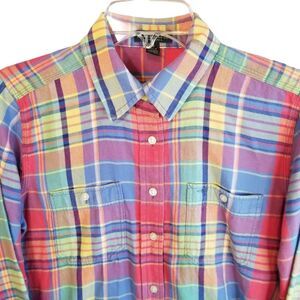 LRL Lauren Jeans Co Shirt Women Medium Plaid Button Front Long Sleeve Cotton Red